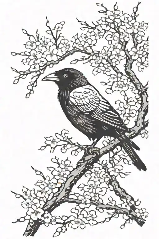 Raven With Red Eyes In Between Branches With Cherry Blossoms
