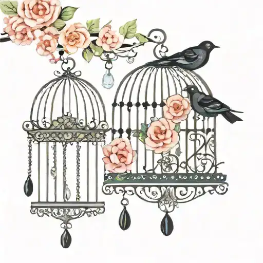 Birdcage With Black Bird And Floral With Dripping Jewelry