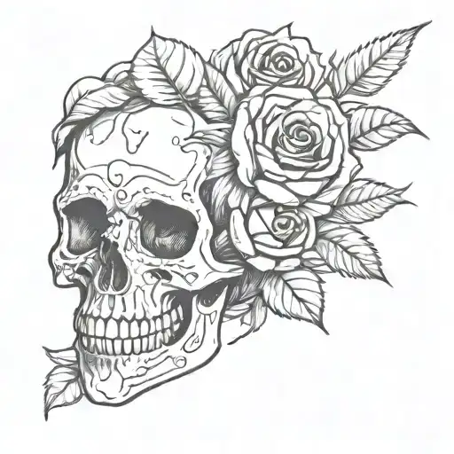 Fine Line Skull And Roses Simple