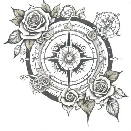 Rose Compass And Eye Scene Tattoo Design