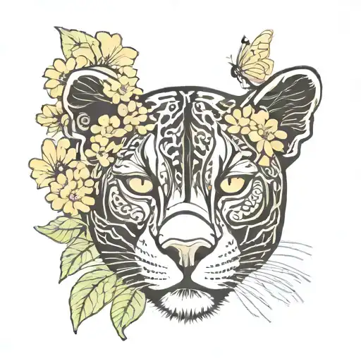 70S Black Panther Animal With Flowers And Butterflies