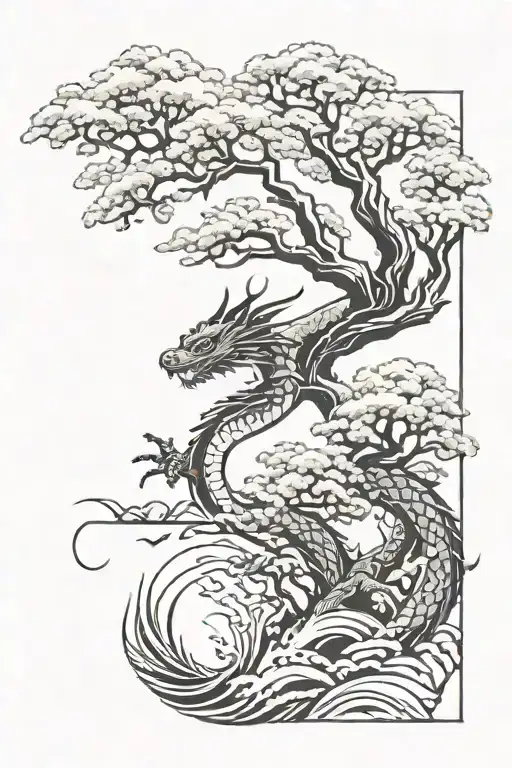 Japanese Style Trees And Water Dragon