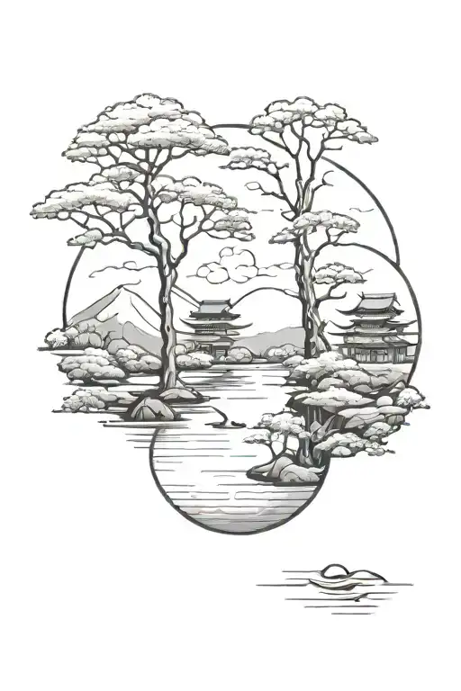 Japanese Style Landscape With Water And Trees