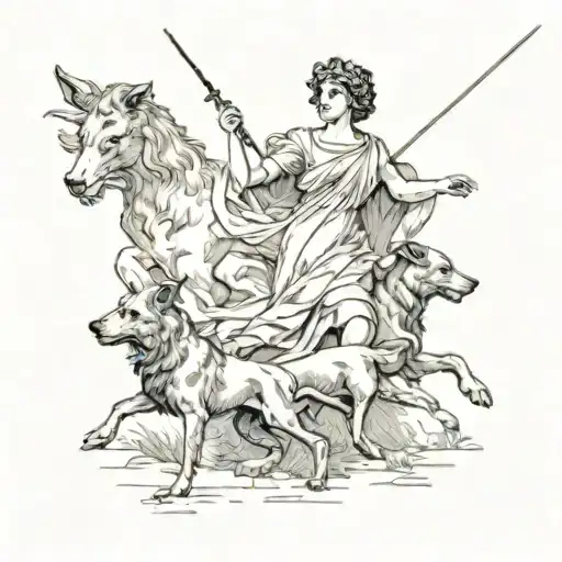Greek Godess Atalanta Hunting With 2 Dogs Next To Her