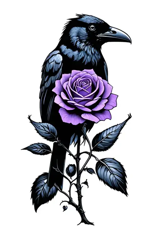 Black Crow Landong Carrying A Purple Rose
