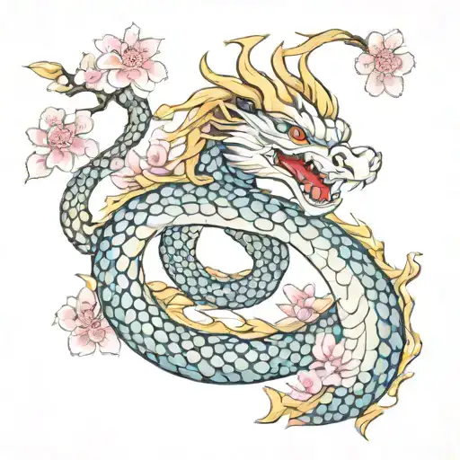 Dragon With Snake In Sakura Flowers