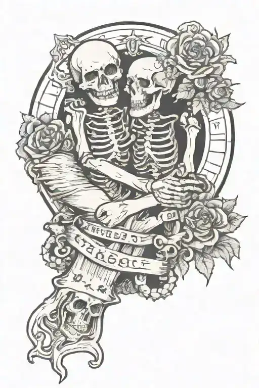 Gothic Style Tattoo Of A Hand Holding A Tarot Card With Hugging Skeletons