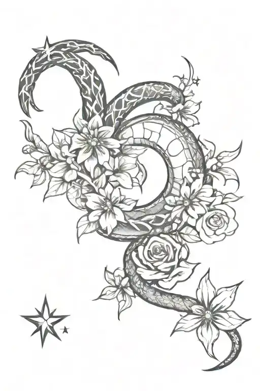 Spine Tattoo With Flowers And Snakes And Moon With Stars