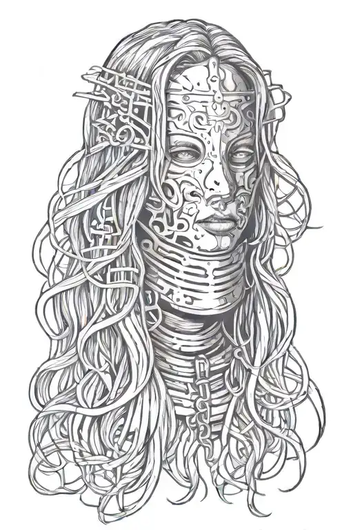 Woman With Long Hair Made Of Fire Trapped In Iron Mask