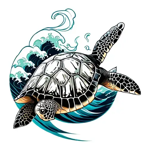 Sea Turtle With Steam Punk And Japanese Wave Realistic
