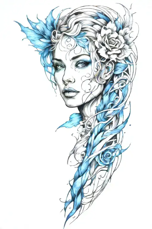 Blue Ink Line Drawing Whole Arm Sleeve Tattoo Design Featuring
