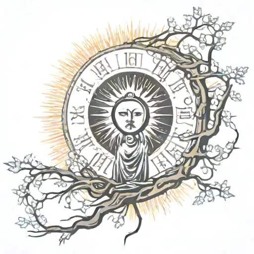 Deity And Branches Around Sun Rays