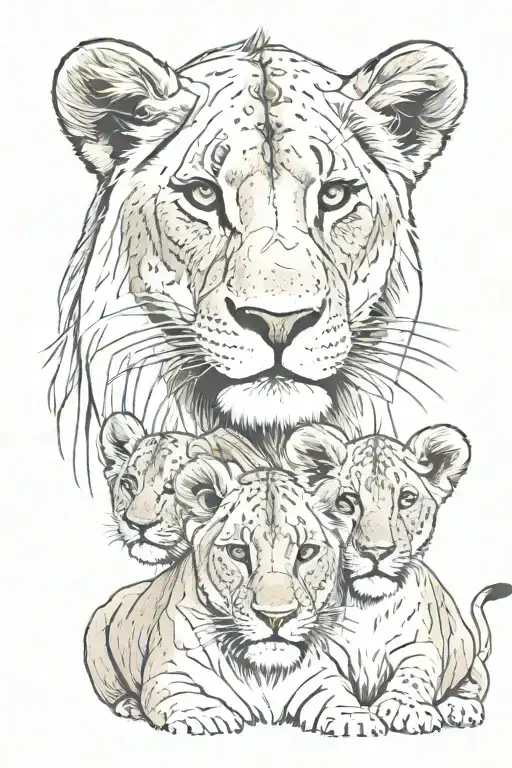 Mom Lion With Three Cubs Face Only