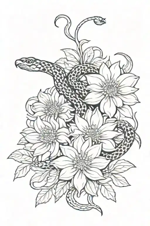 Chrysanthemum Flowers With Snake Intertwined With Red Tips On Flower Pedals