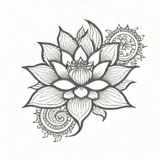 Lotus With Crescent Moon Surrounded By Designs