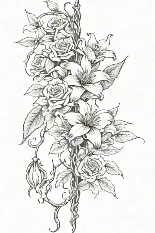 A Straight Spine Tattoo With Roses And Lillies Wrapping A Vine