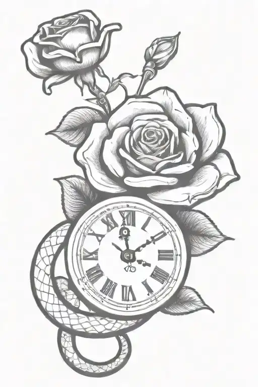 Hand Clock With Snake Vining Around With One Rose Behind Drawing
