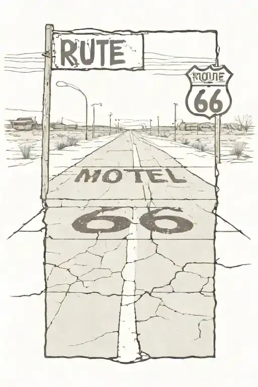 Route 66 Road Cracked With Motel In Background