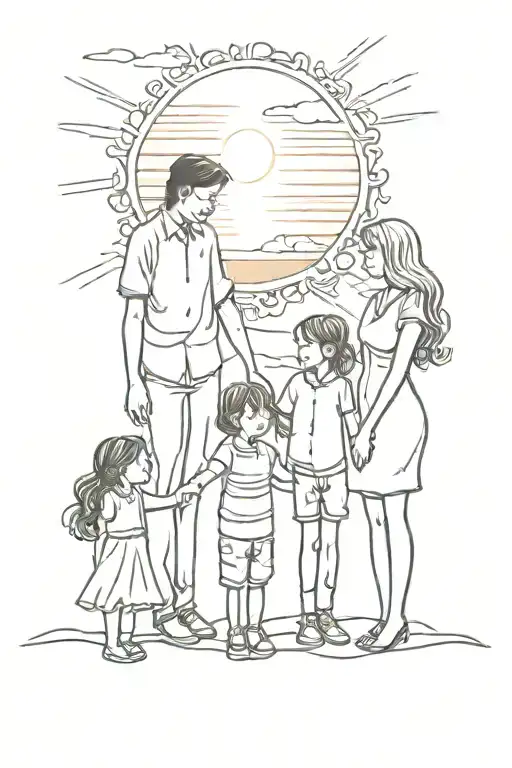 Family Of 4 Holding Their Hands Together In Sunset