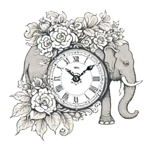 A Clock With A Flower Arrangement And An Eye With Feminine Features With An Elephant In Half