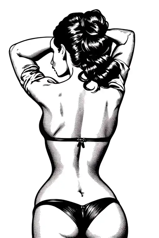 Pin Up Girl With Her Back Facing Forward Looking Over Shoulder With No Top On Wearing A Thong