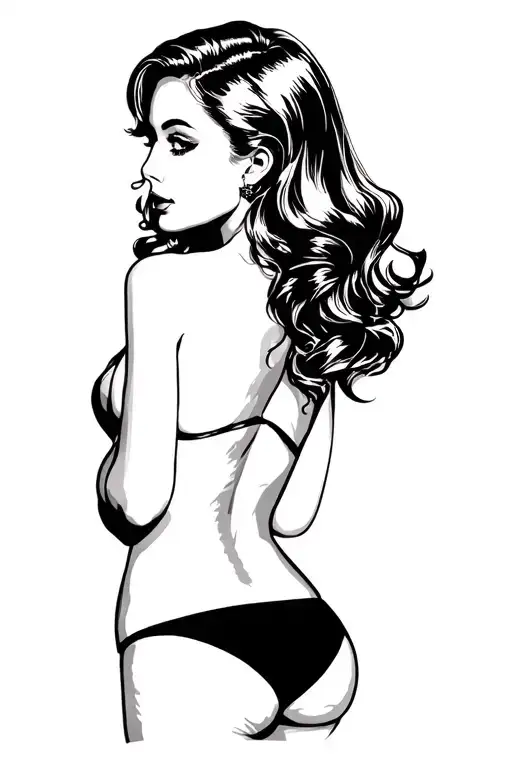 Pin Up Girl With Her Back Facing Forward Looking Over Shoulder With No Top On Wearing A Thong