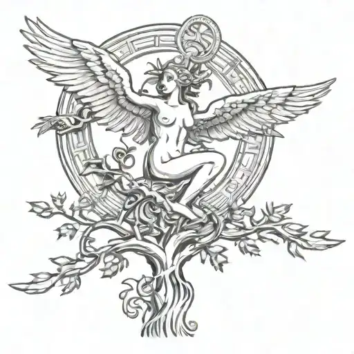 Phoenix On Top Of The Tree Of Life With Medusa Holding A Oni Mask