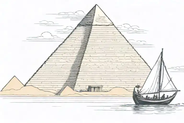 Egyptian Pyramid Boat In The Background Of The Nile River