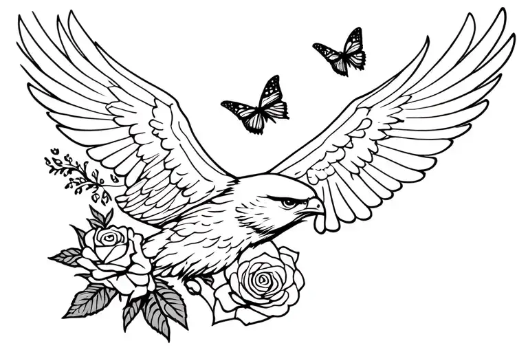 Hawk Flying With A Rose And Butterfly