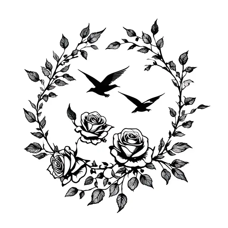Roses And Birds Flying