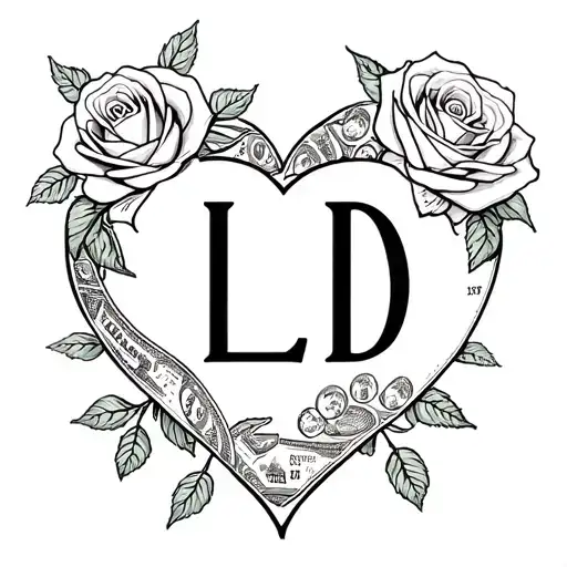 Heart Shape Outline With The Letters L And D With Rose's And The Pedals That Fall Look Like Money