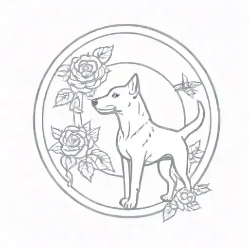 Dog Inside Sun With Roses And Larkspur