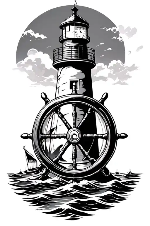 Ships Wheel With Clock Inside On A Lighthouse