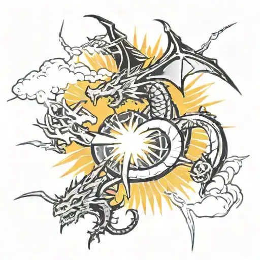 Lightning With Dragons And Sun In The Background