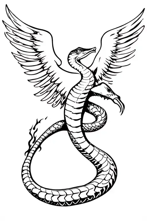 Cobra With Phoenix Wings Rising From Flames