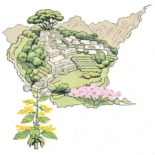 Machu Pichu With Native Flowers And Coca Trees Growing