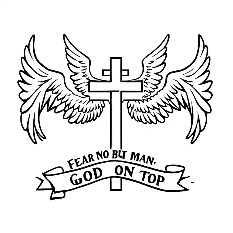 Chest Tattoo Of Cross With Wings That Says Fear No Man But God On Top