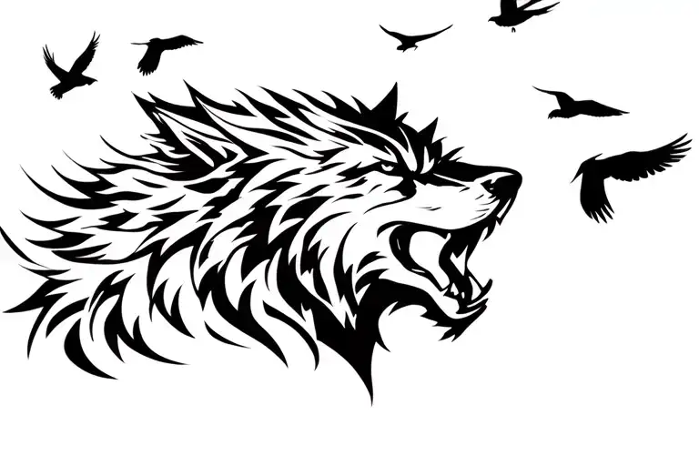 Wolf Head And Crows Fly Away