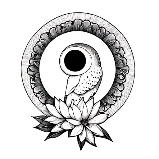 Solar Eclipse With Lotus Flower And Barn Owl Without Shading