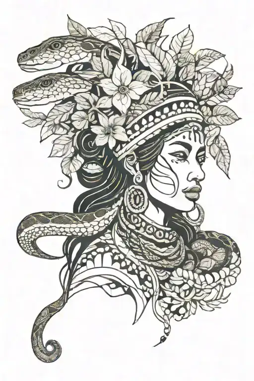 Indigenous Woman With Elements Of Nature And A Snake