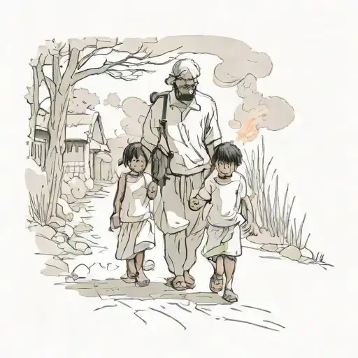 Father And Child Walking Along Road Carrying The Fire