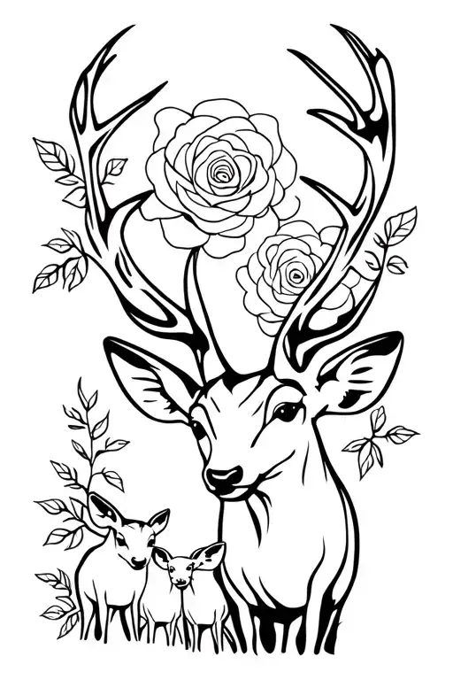 Mom Deer And 2 Baby Deer With Roses Blooming