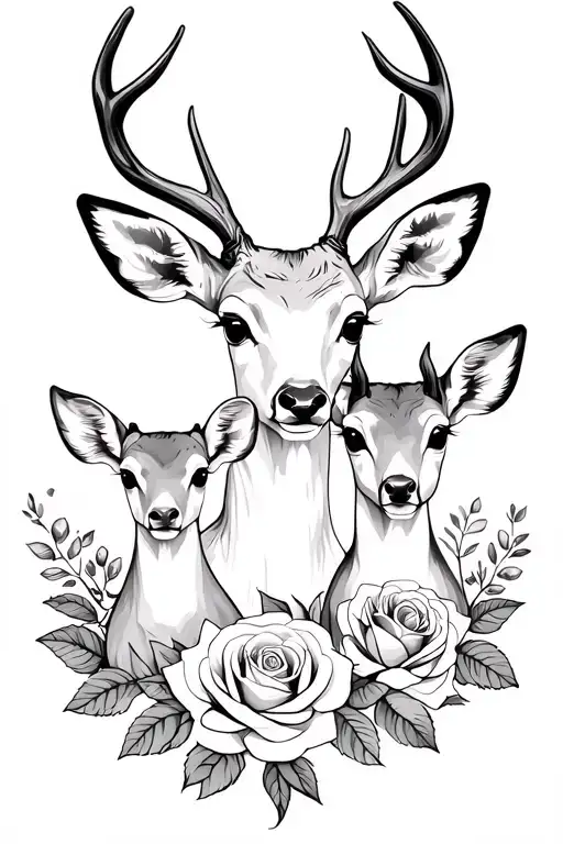 Mom Deer And 2 Baby Deer Portrait Style With Roses