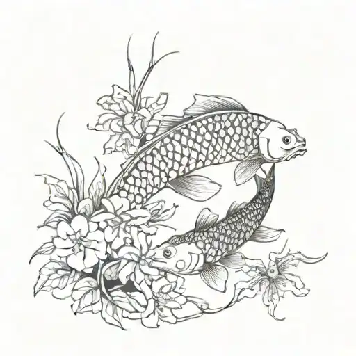Coy Fish With Vines And Flowers