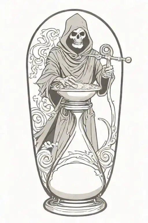 Grim Reaper Sprinkling Sand Into An Hourglass Filled With Swirling