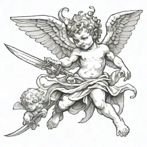 Drawing Of Demonic Cherub Holding A Reaper Down Sword Black And White