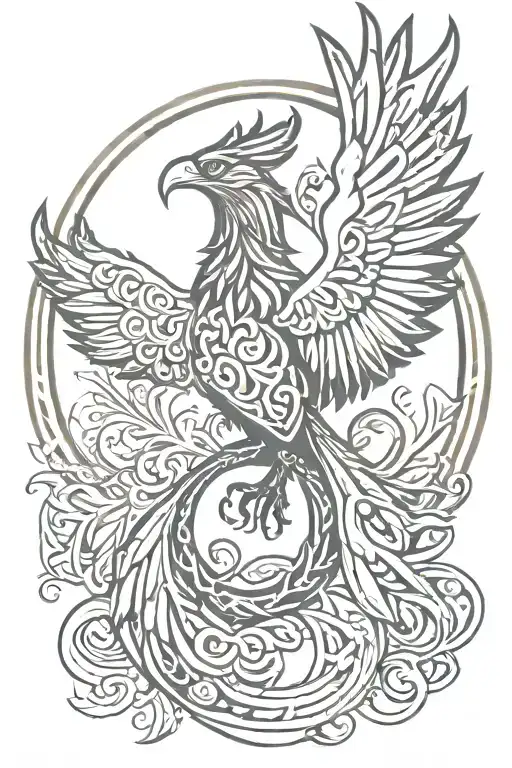 Phoenix With Open Wings Against The Background Of A Circle With A Celtic Ornament