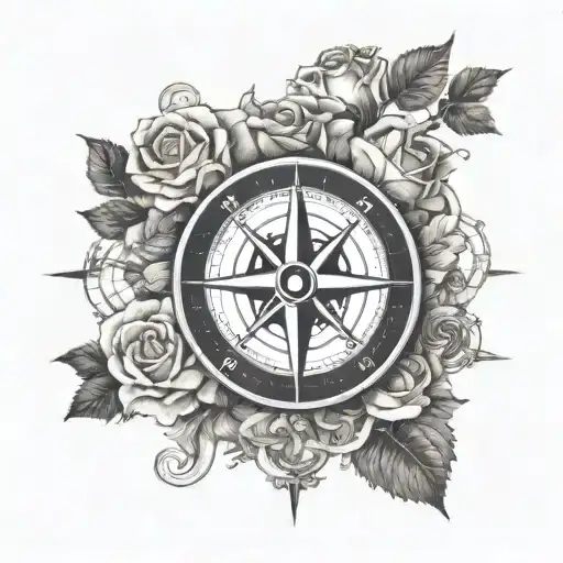 A Nautical Compass Rose Intertwined With Blooming Roses