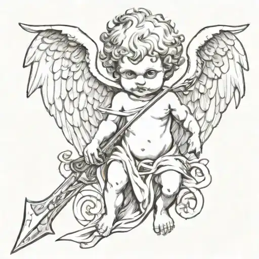 Drawing Of Demonic Cherub Holding A Reaper Down Sword With Wings