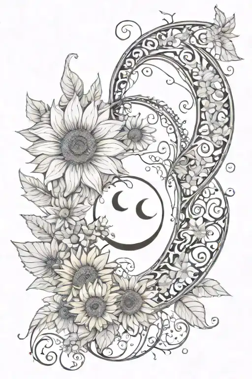 Crescent Moon Unalome With Sunflowers And Lace